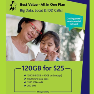 Starhub Data Ez $25 (120GB (80GB+40GB SUNDAYS), Local: 5000m,IDD:$100, SMS:200 )